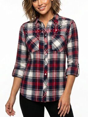 BAJEE COLLECTION Grunge Embellished Plaid Studded Roll Tab Flannel Shirt Sz S